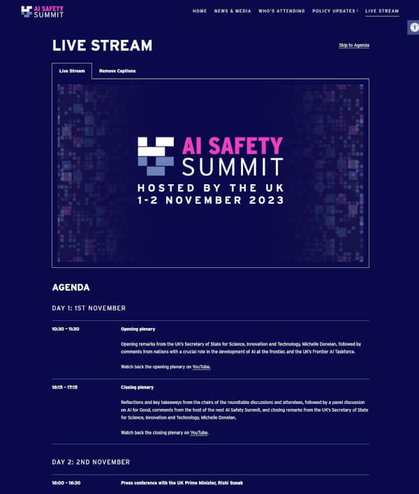 AI Safety Summit live stream page